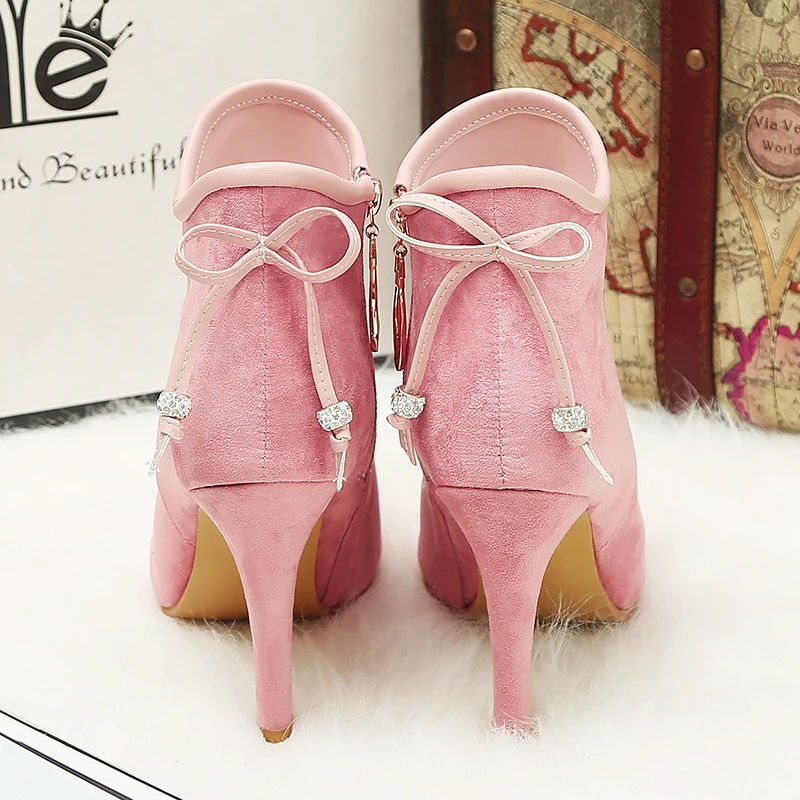 2023new autumn winter Women ankle boots plus size 22-27CM flock upper side zip modern boots high heel butterfly knot short boots