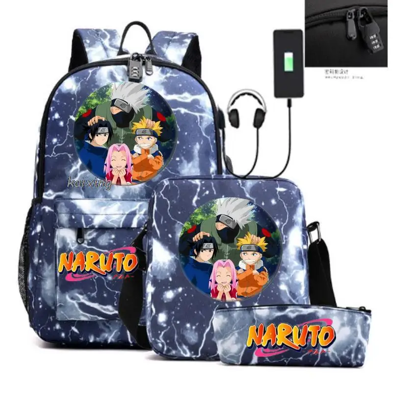 

Рюкзак NARUTO, 3 шт., Узумаки Наруто, Учиха Саске, для мальчиков и девочек, сумка для ноутбука, подростковая сумка для книг, вместительная сумка для женщин и мужчин, дорожная сумка Mochila Infantil