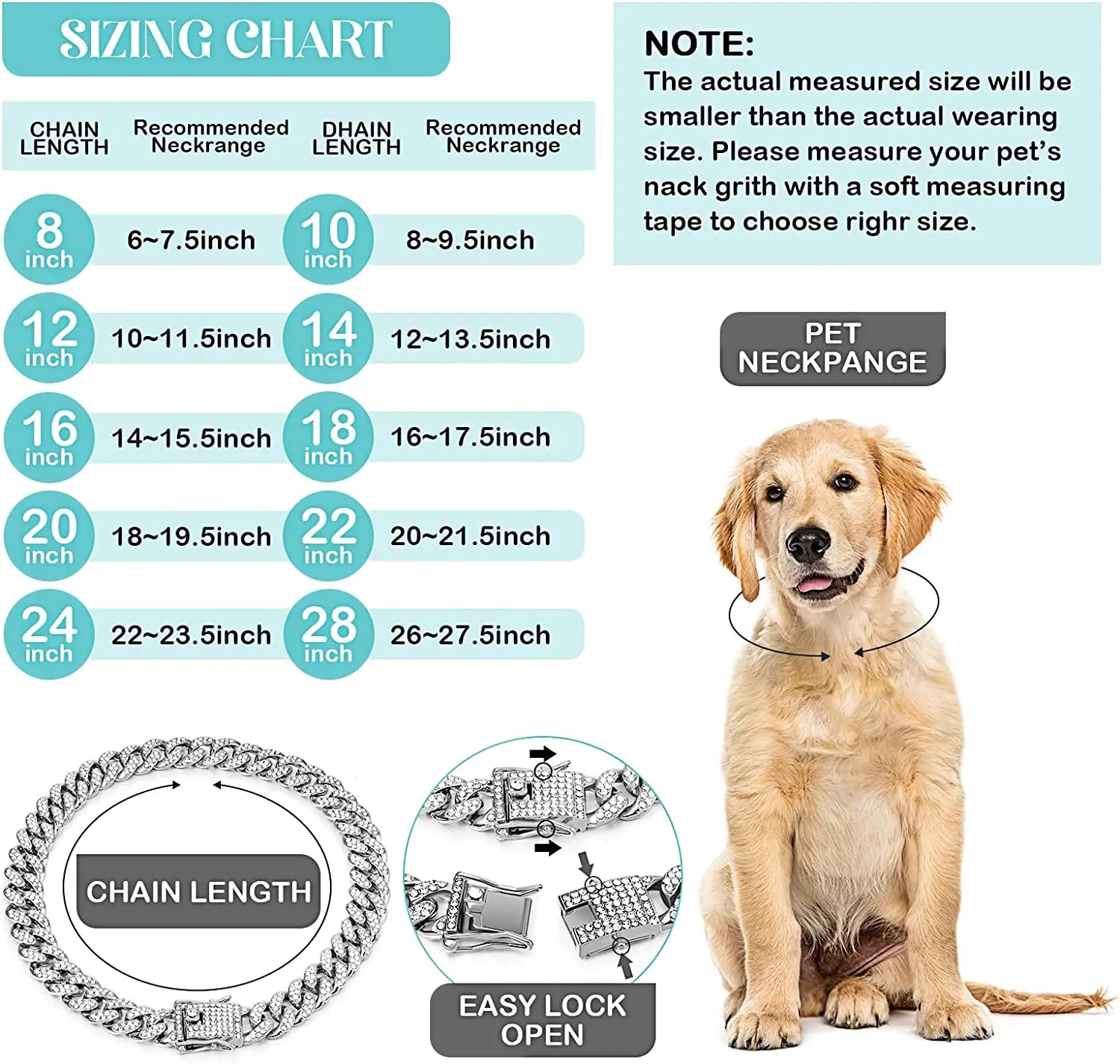 Dog Chain Diamond Cuban Collar Walking Metal Chain Collar with Design Secure Buckle, Pet Cat Cuban Collar Jewelry Accessories