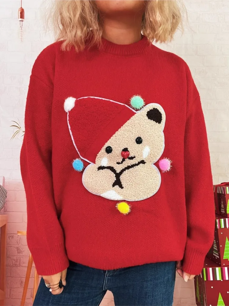 Novo feminino doce dos desenhos animados urso camisola de malha topo outono e inverno elegante em torno do pescoço casual chique camisola de manga comprida