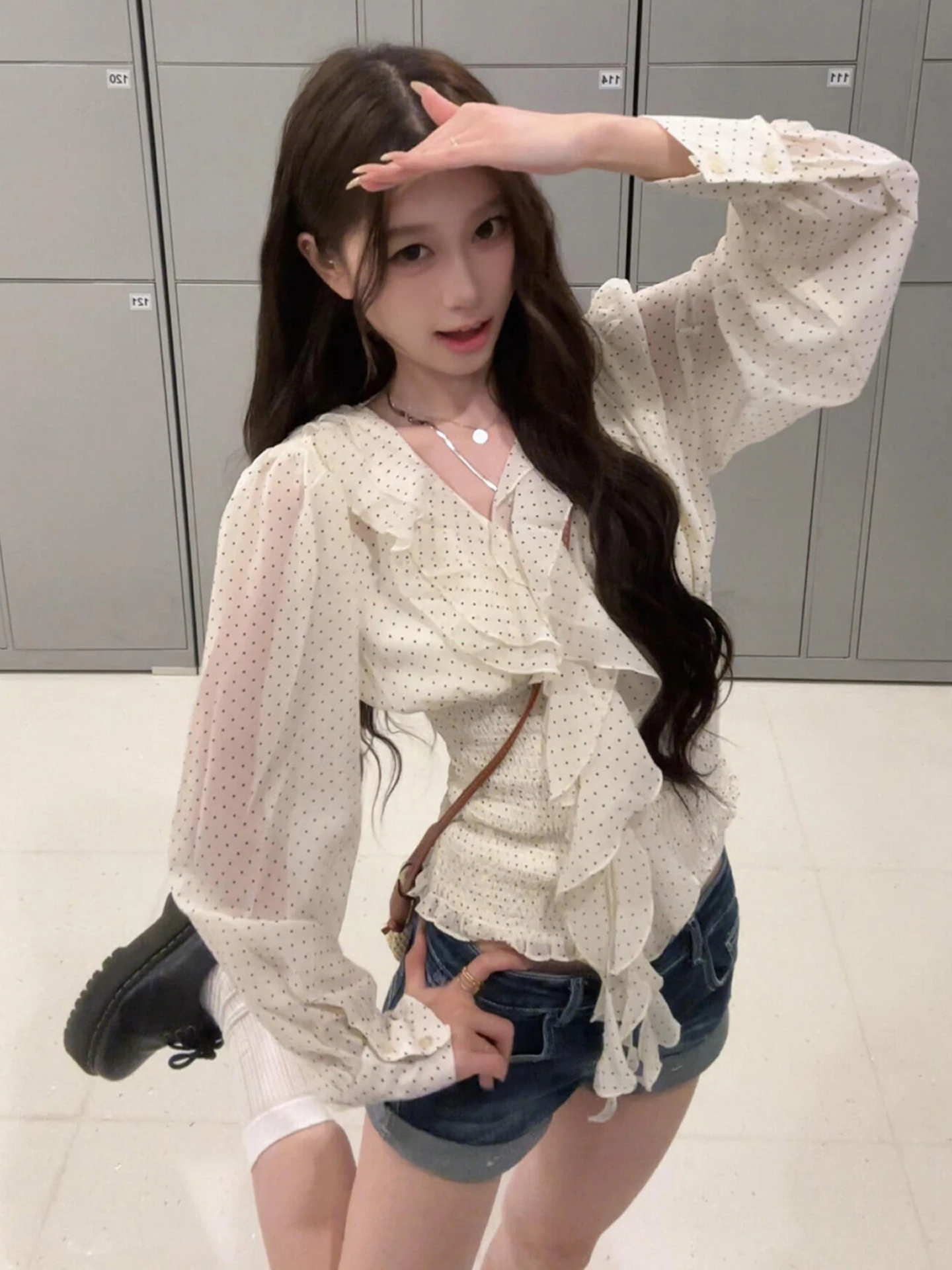 

White Polka Dot Waist-Cinching Women's irt Long Sve Unique Beautiful Design Spring 2026 New Arrival Sweet Sle Japanese...