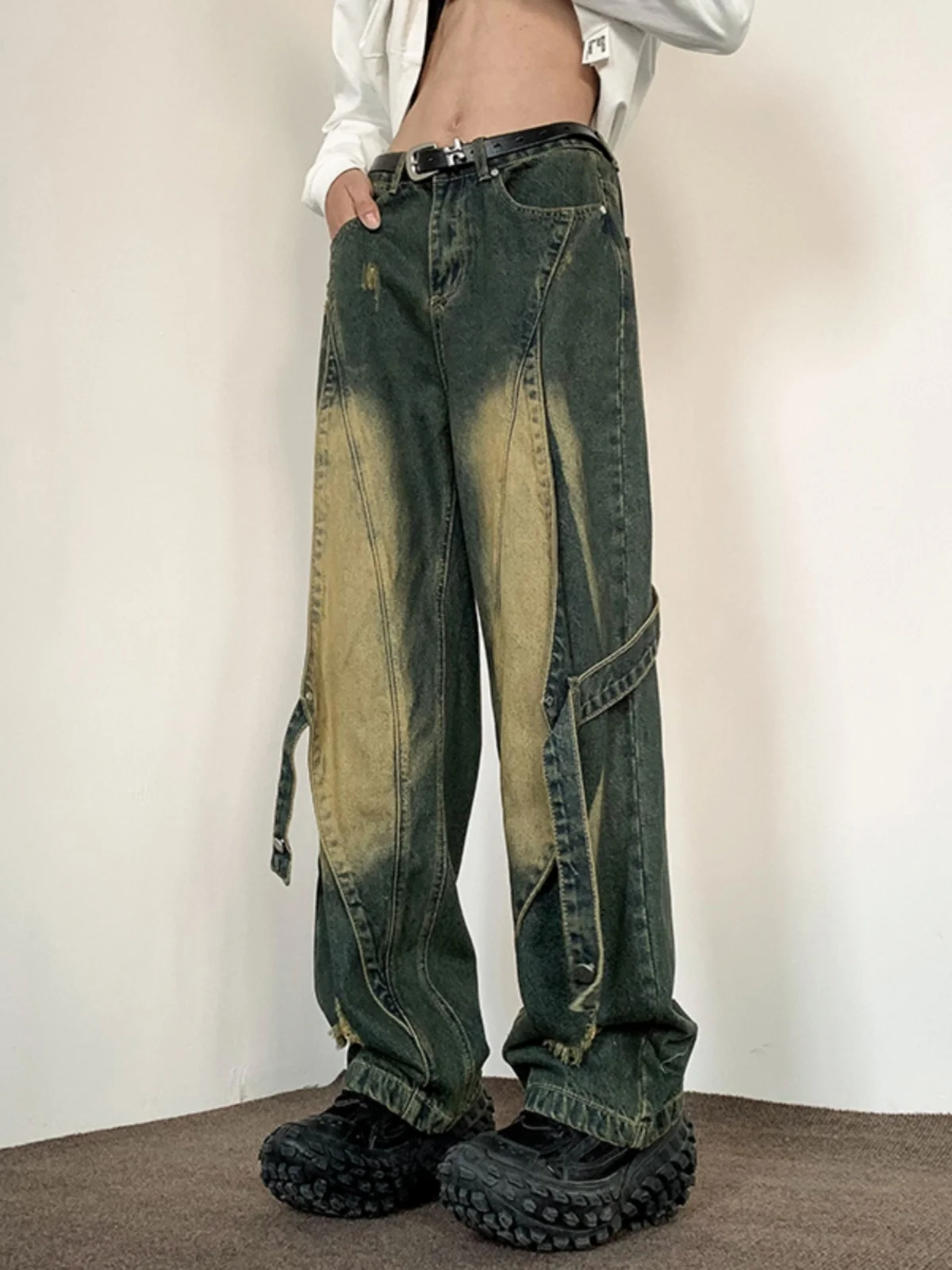 

Retro Hong Kong Style Men's Jeans Distressed Patchwork Deconstructed Workwear Long Trousers Trendy Autumn Straight Leg Jeans