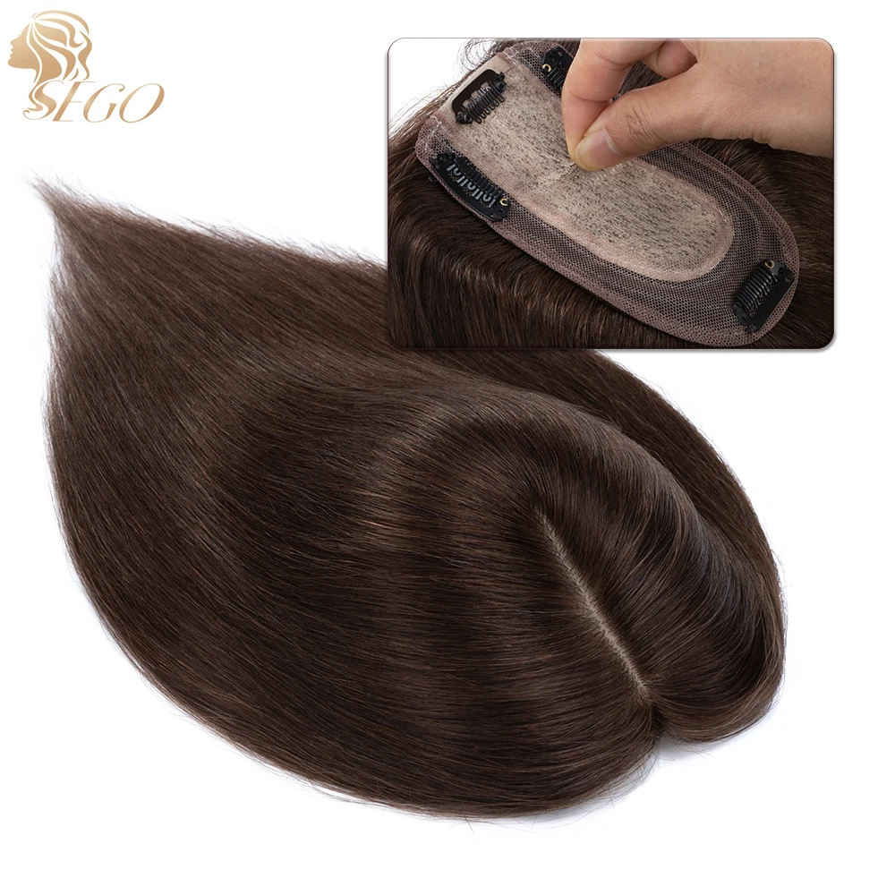 

SEGO 7x13cm Straight Hair Toppers Silk Base Hairpiece Real Human Hair Pieces For Women Natural Hairline 4 Clips in Wigs