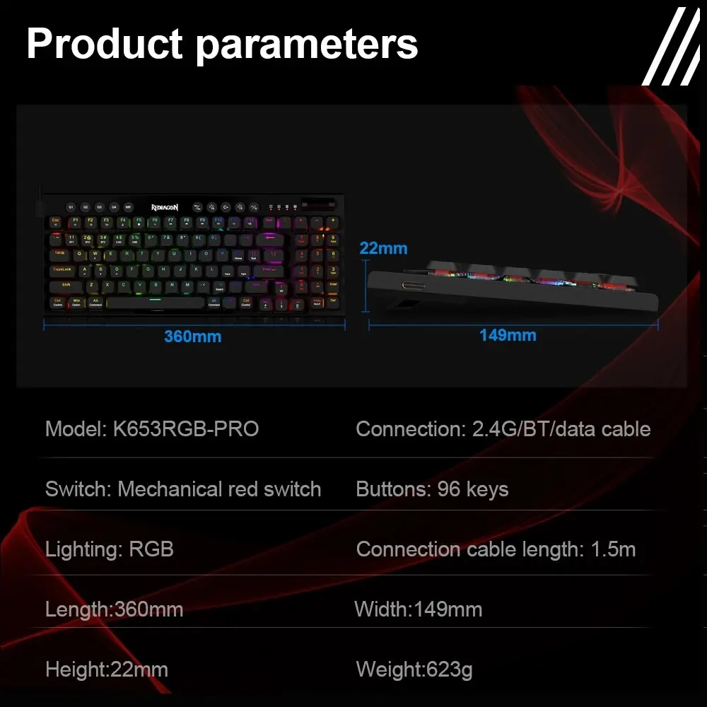 REDRAGON Sion K653 Pro RGB 지지대 블루투스 5.0, 무선 USB 2.4G, 3 가지 모드, 슬림 기계식 게이밍 키보드, 컴퓨터 PC용 94 키