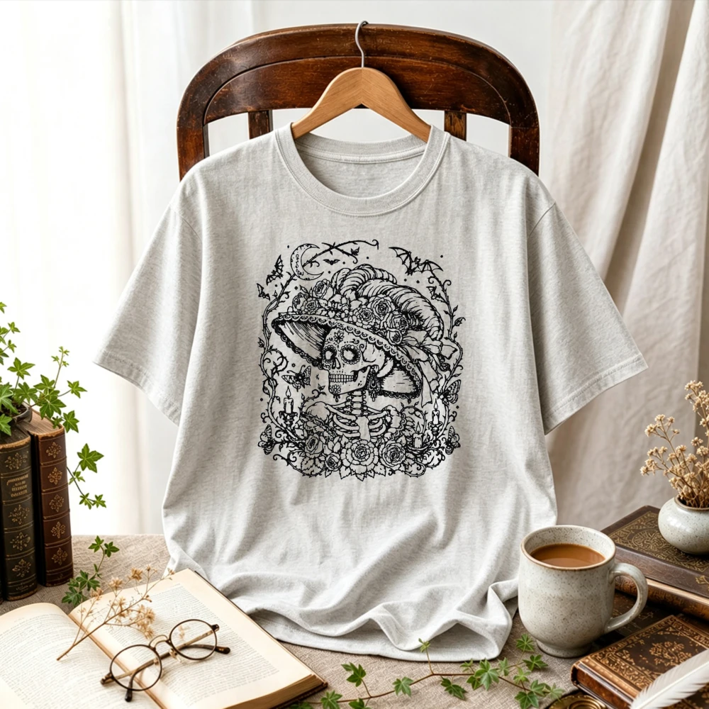 Dia De Los Muertos Catrina Skeleton Lady Sketch Floral Vintage Line Art Mexican Day of The Dead Graphic Cotton T‑Shirt Tops Tees