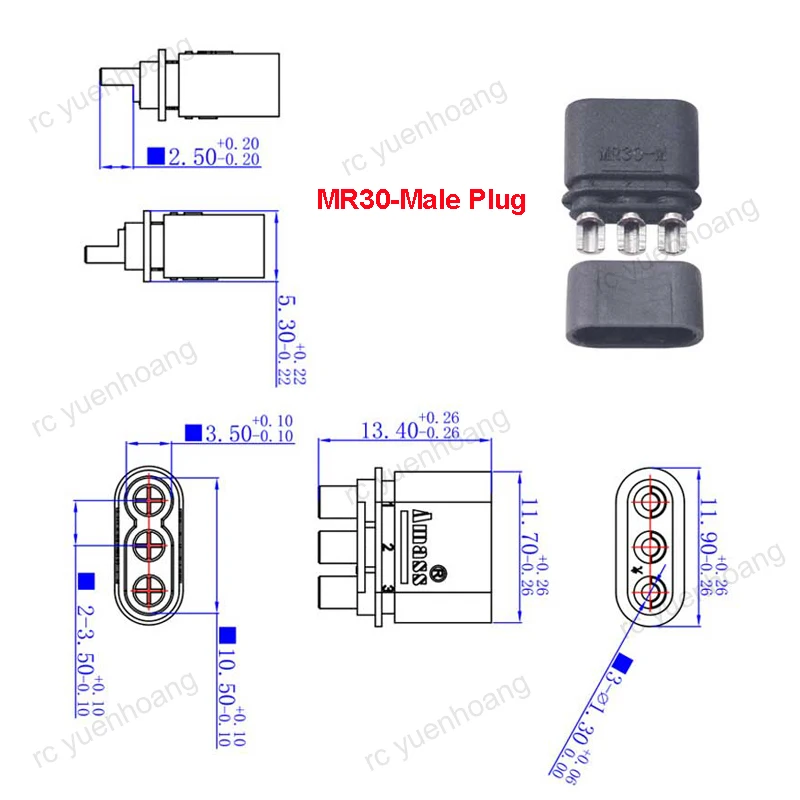 Conector Amass MR30 niquelado macho y hembra para Dron, conector negro de 3 pines con cubierta, accesorios para Dron RC UAV FPV, 10 Uds.