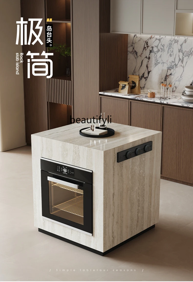 Island cabinet can be moved separately, medieval style kitchen travertine rock slab guide table, falling cabinet