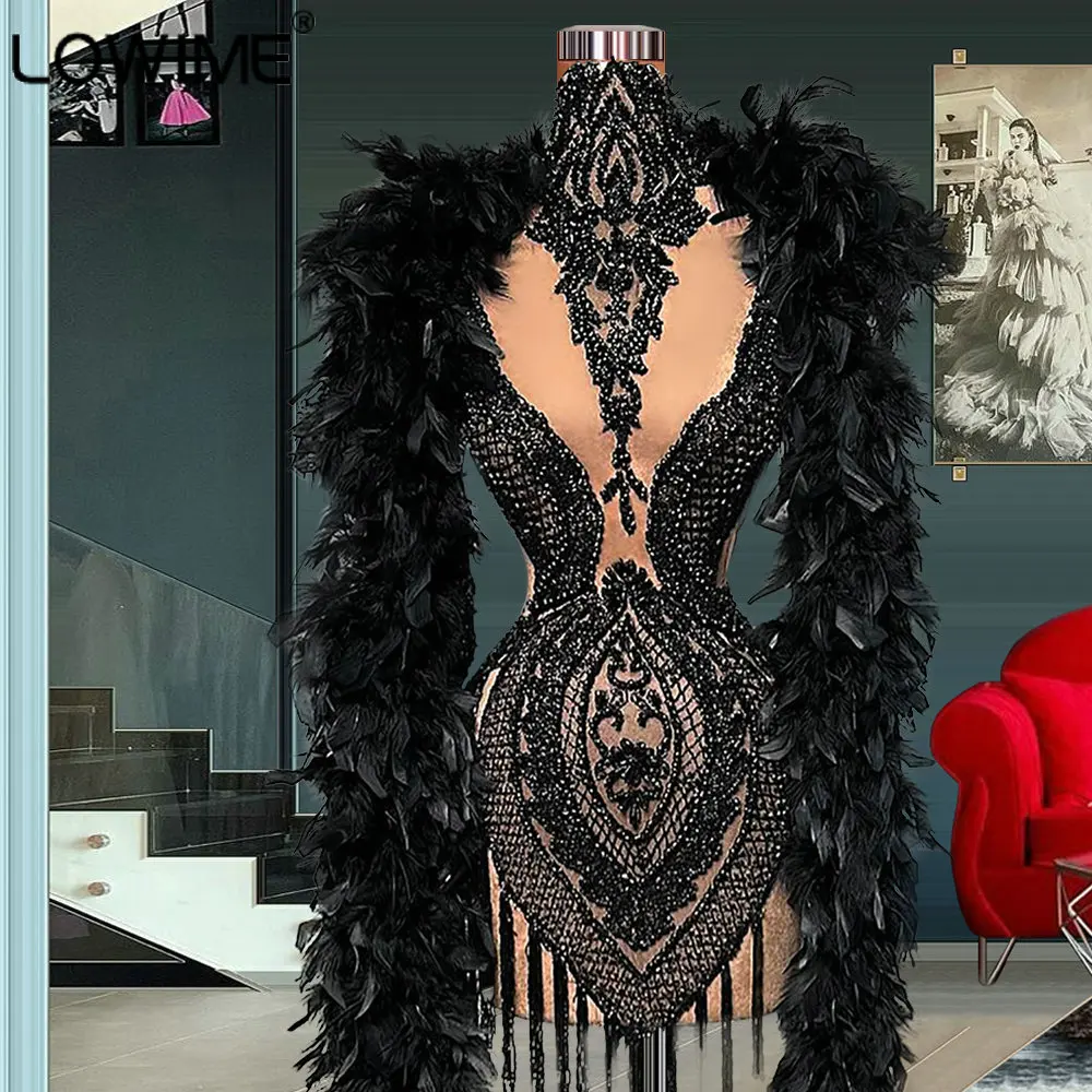 Dubai Luxury Black Feathers collo alto abiti da ballo corti Sexy Cut Out perline nappa Cocktail Party abiti 2023 Haute Couture