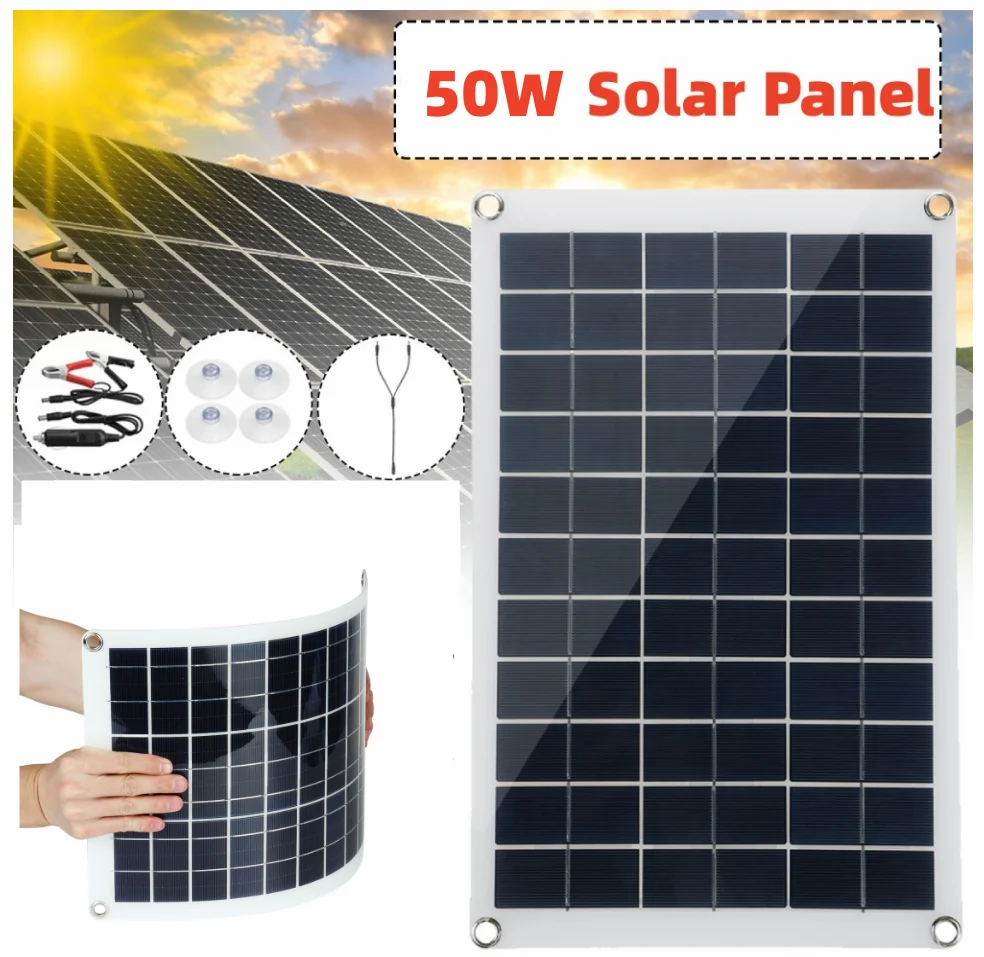 Waterproof Solar Panel Kit 50W 12V Portable Solar Charger for Outdoor Battery Powered for Cars Motorcycles and Camping