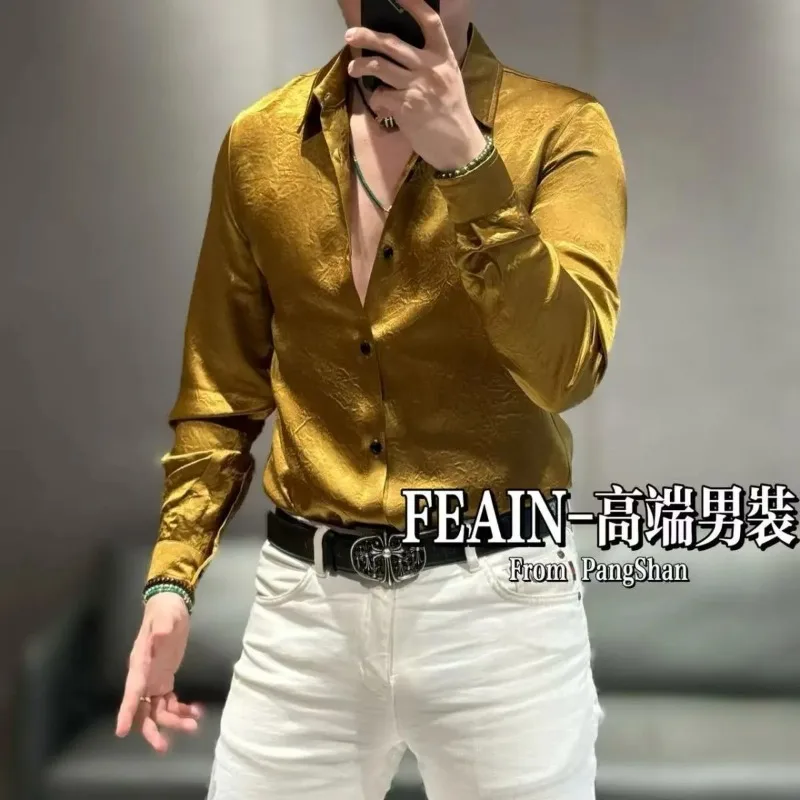 

Men's Golden Satin Long-Sleeve Shirt Lapel Collar Glossy Silk-Like Casual Dress Shirt For Party And Streetwear