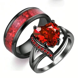 Fashion Couple Rings For Lover's Romantic Women Red Heart Rhinestones Zircon Ring Fashion Men Stainless Steel Rings Wedding Band