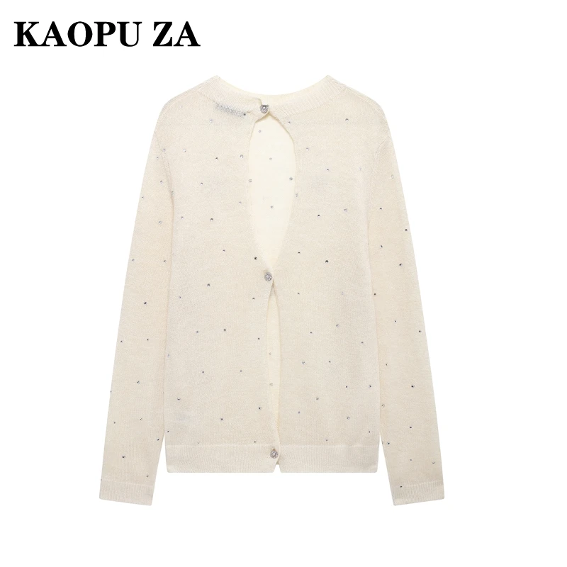 KAOPU ZA Woman's 2024 Autumn New Casual diamonds Long Sleeve Knitted Sweater Female Spring Vintage O-Collar Button back Knit Top