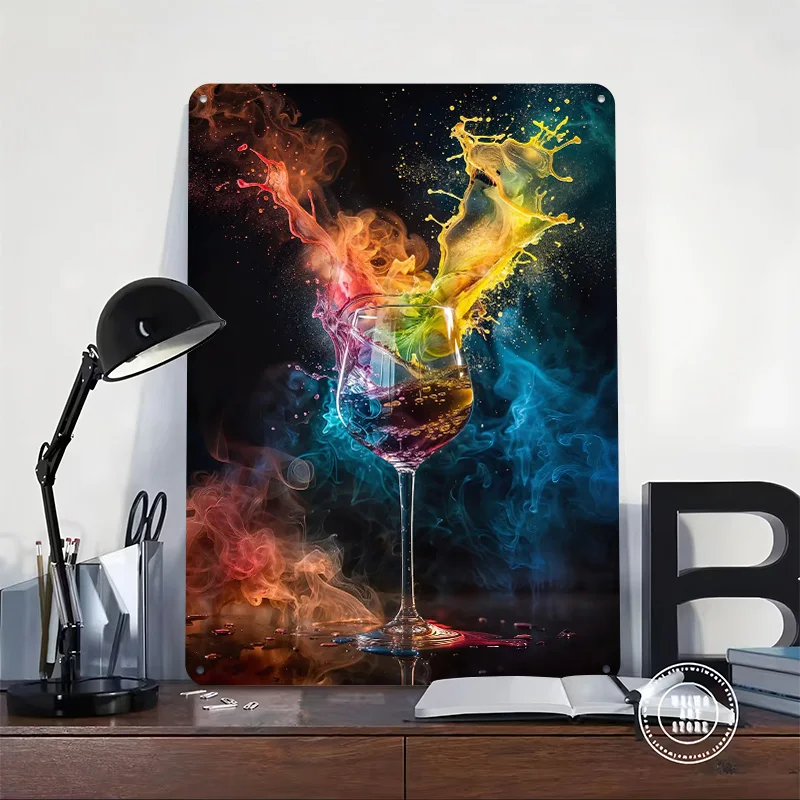 كأس للنبيذ ألوان مجردة معدنية ملصق تين علامات جدار الفن ديكور المنزل علامة معدنية مخصصة للديكور المنزل ديكورات المرآب