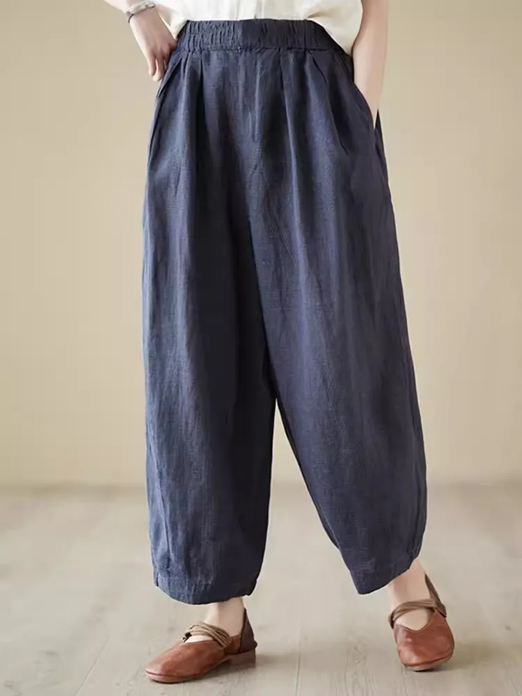 Loose Fitting Vintage Lantern Pants 2024 New Plaid Wide Leg Pants for Women Ankle-Length Elastic Waist Harem Pants Bloomers