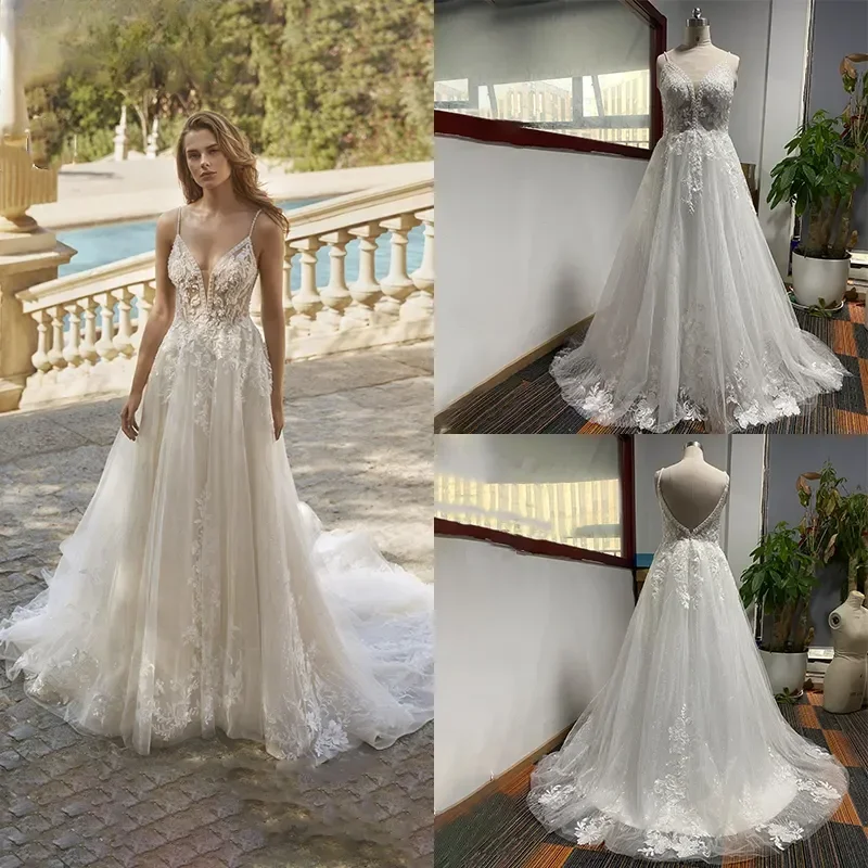 Vestido de noiva em linha A com alças de espaguete para mulheres, decote em v sem mangas, vestido nupcial, vestido Shine, personalizado, 2023