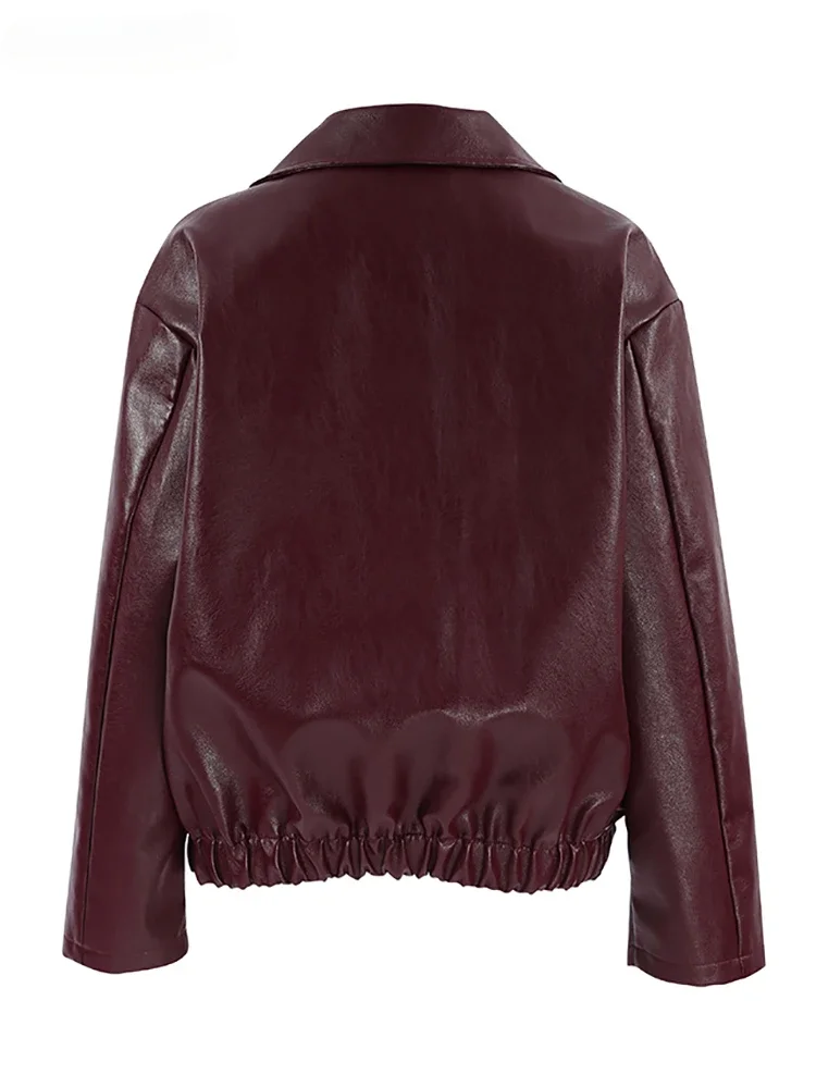 Wine Red Faux Leather Fashion Outerwear 2024 Thicken Zipper Turn Down Collar Pu Coats Winter Street Style Ladies Top