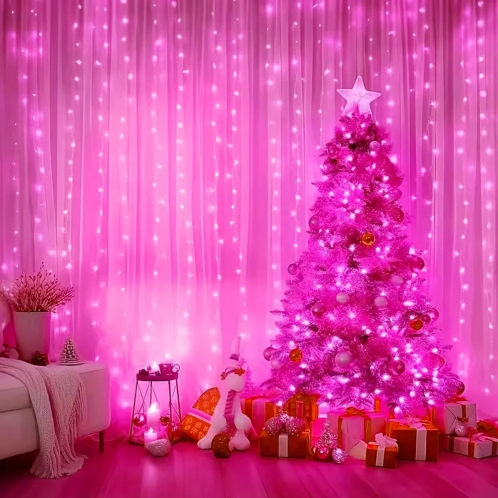 LED Pink Curtain Fairy Lights USB Plug-In, String Lights For Bedroom Wedding Party Home Ramadan Easter Decor
