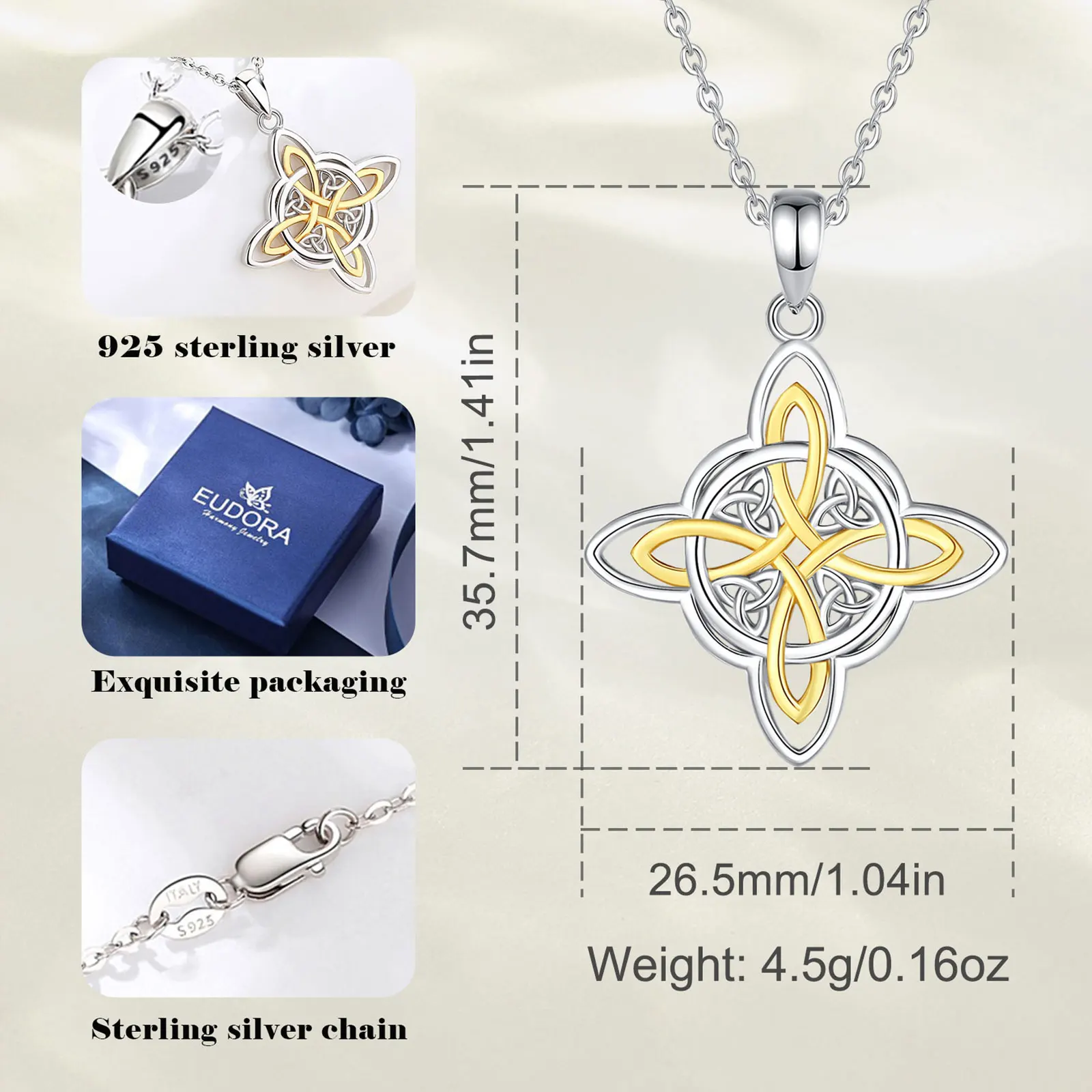 Eudora Original 925 Sterling Silver Witch Celtic Knot Necklace Men Women 18k Gold Wicca Amulet Necklaces Witchcraft Jewelry Gift