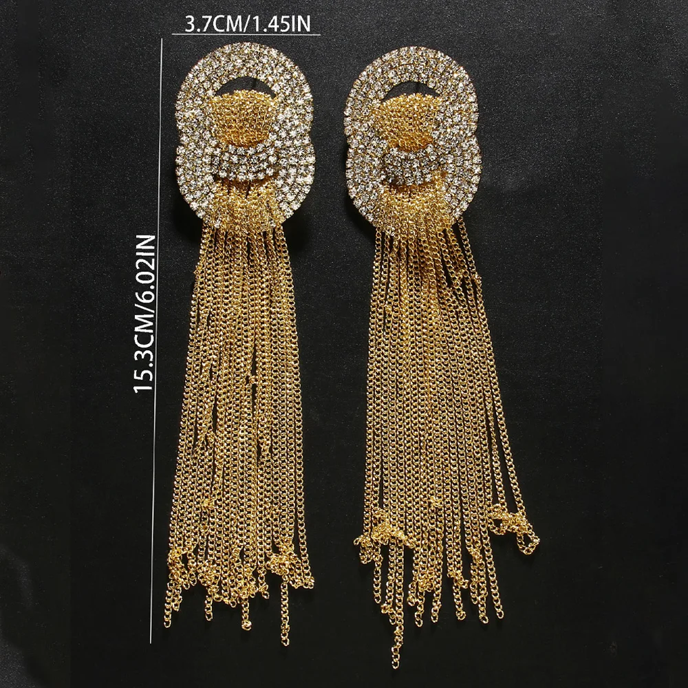 Stonefans Statement Metal Chain Long Tassel Earrings Jewelry for Women 2024 Oversize Rhinestone Round Earrings Double Circle