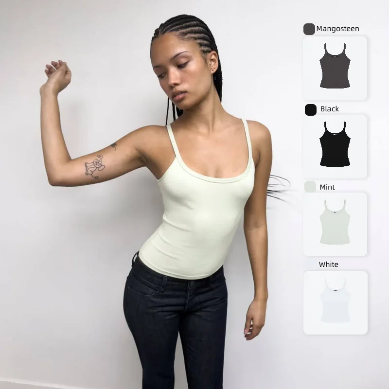 Tank Mint Green Cotton Elastic U-Neck Suspender Vest Minimalist Versatile Black and White Thread Slim Top