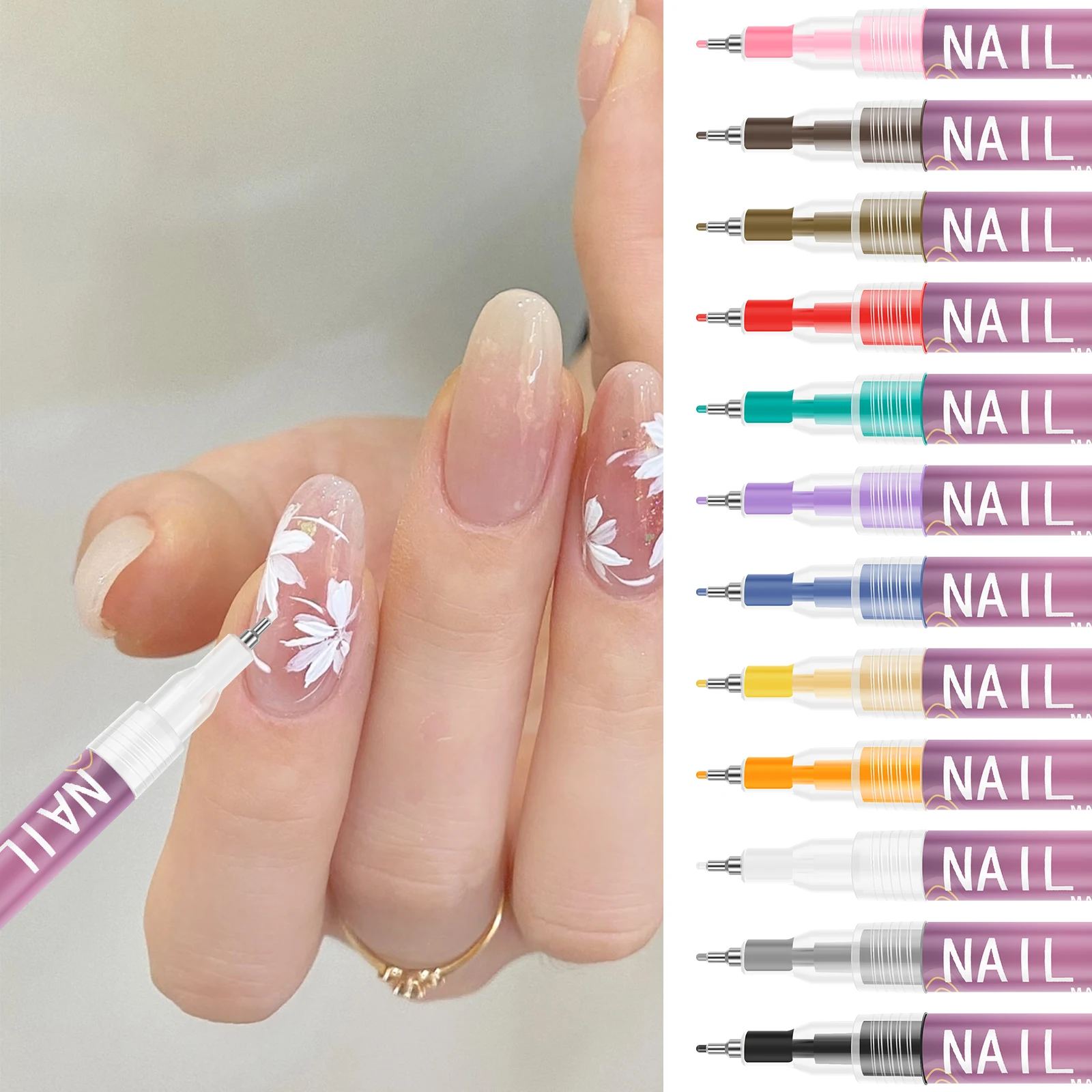 12 Colors Nail Art Pen Set 0.5mm Fine Nib Fade Proof Nail Polish Marker Graffiti Dotting Pen for Beginner Art Enthusiast