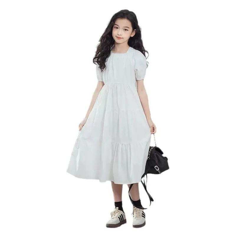 2024 summer princess white dress boat neckline short sleeve backless loose kids children toddler teen 5 6 8 to 9 10 11 12 years