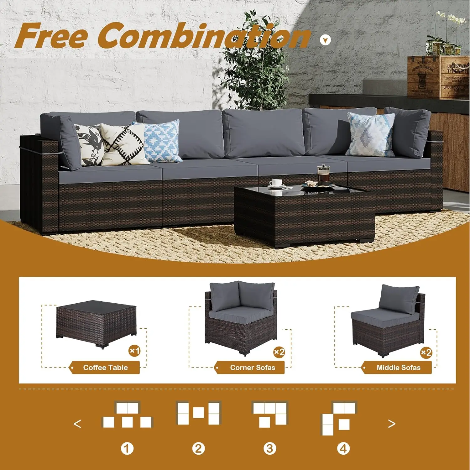 Mobília do pátio ajustada com mesa de café, conjunto secional exterior do sofá, conversação do vime do Rattan do PE, plataforma, marrom, 5 pcs