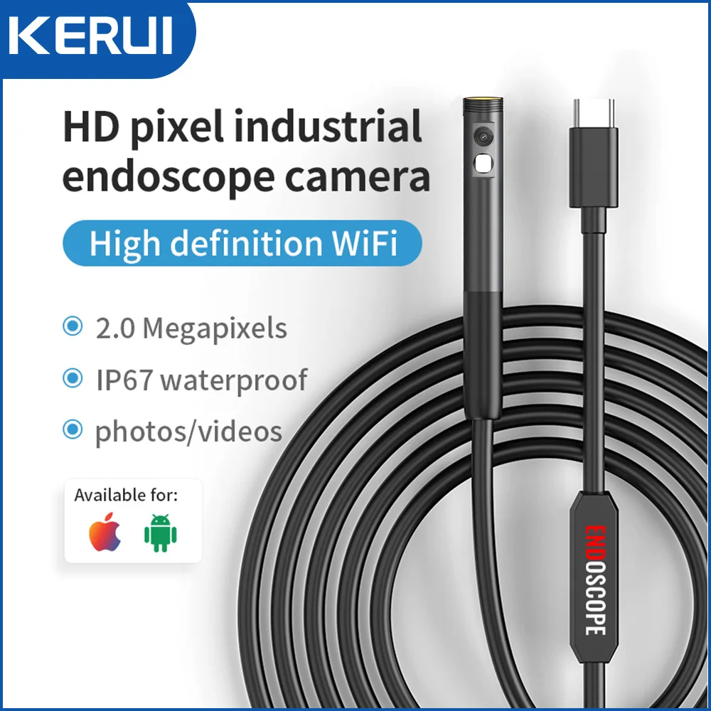 KERUI 2MP Dual Lens Endoscope Camera WiFi 7.9mm Mini Camera Waterproof Hard Wire Pipeline Inspection Borescope for Type C IOS