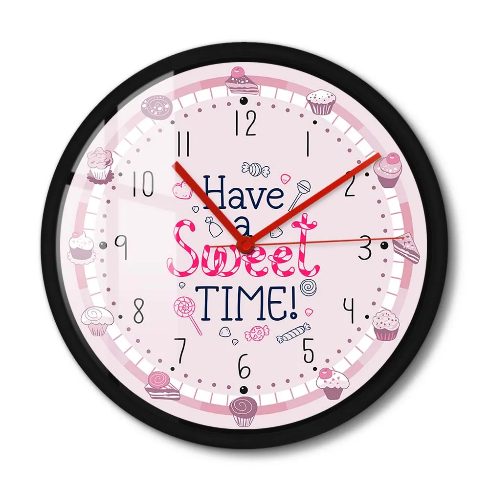 

Have A Sweet Time Desserts Metal Frame Wall Clock Wall Art Sweetmeats Silent Wall Watch For Bakery Kitchen Restaurant Cake Shop