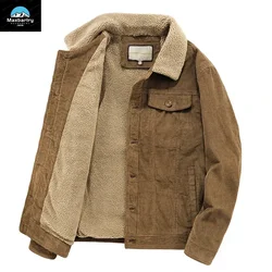 Męska kurtka zimowa Vintage Khaki sztruks z zagęszczony polar podszewką Retro ciepła Parka futro myśliwskie kołnierz wiatroszczelny płaszcz męski