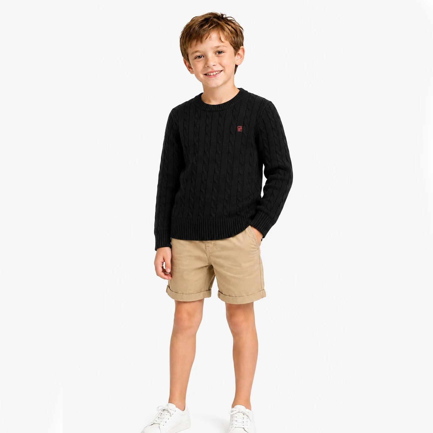 CH Jungen Pullover mit Rundhalsausschnitt, Zopfmuster, gerippten Bündchen und Saum, Bruststickerei, lässige Kinder-Strickoberteile – Detail 9