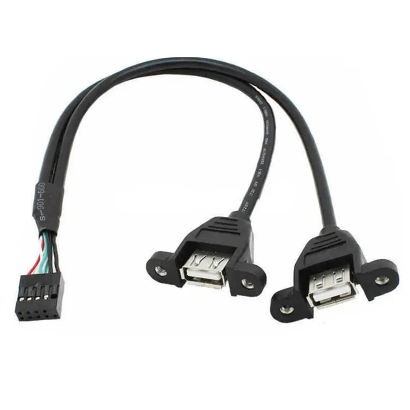 สายแปลง 9 พิน เป็น USB ขนาด 9 พิน 2.54 มม. 2.0 มม. เป็น USB2.0 A ตัวเมียคู่ พร้อมรูยึดสกรูสำหรับติดตั้งบนเมนบอร์ด