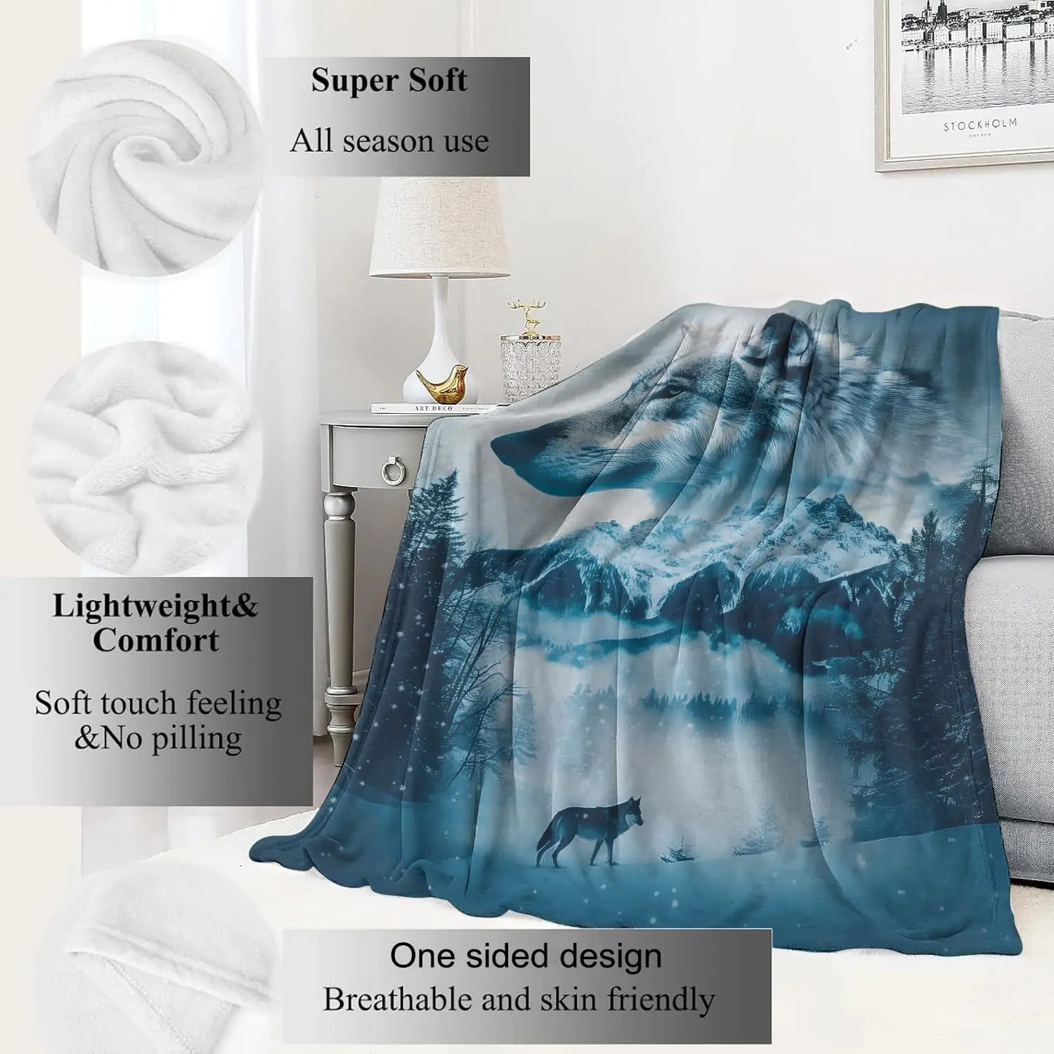 Blue Wolf and Winter Forest Pattern Fleece Blanket Majestic Wildlife Theme Soft Warm Throw Interior Decoration Bedding Cover