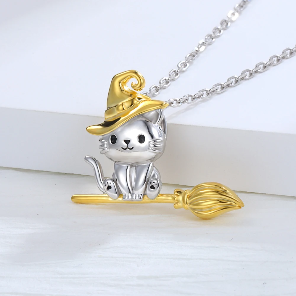 925 Sterling Silver Cat Necklace Cute Animal Witch Pendant Birthday Christmas Halloween Jewelry Gift For Women Girls Friends