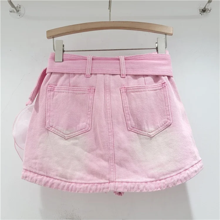 Women's Denim Skirt Pink 3d Mesh Flower A-line High Waist Wide Belt Wrap Hip Mini Skirt 2024