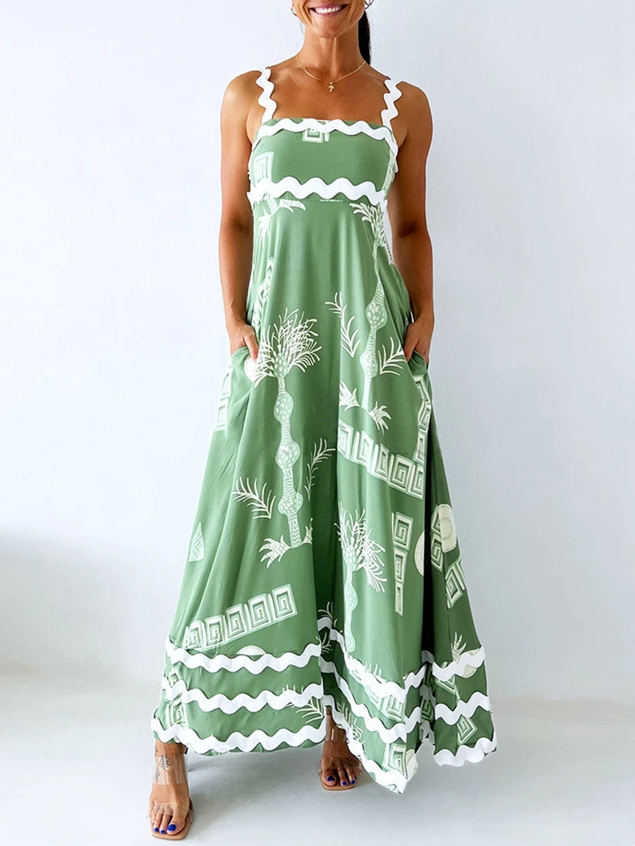 

Women 2024 Summer Dress Sleeveless Smocked Rickrack Flowy Maxi Dress Spaghetti Strap A Line Flowy Swing Sundress