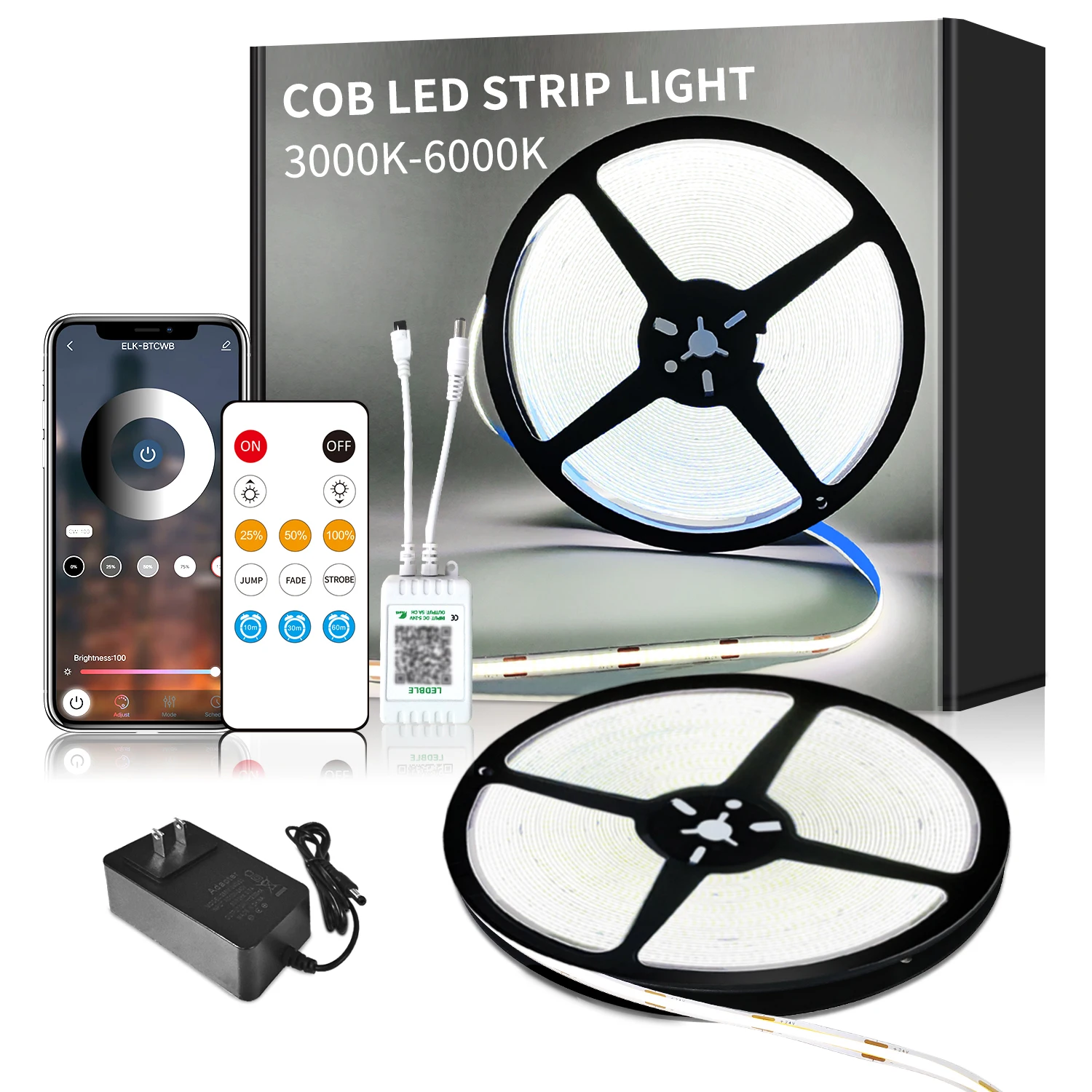 

COB LED Strip Lights ,6000K DC 24V Dimmable White Flexible LED Rope Lights for Bedroom,with Remote and app Control LED Lights