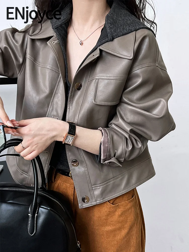 Women Vintage Artificial Leather Jacket 2024 Autumn Korean Fashion PU Lapel Cropped Top Motorcycle Biker Coats y2k Streetwear