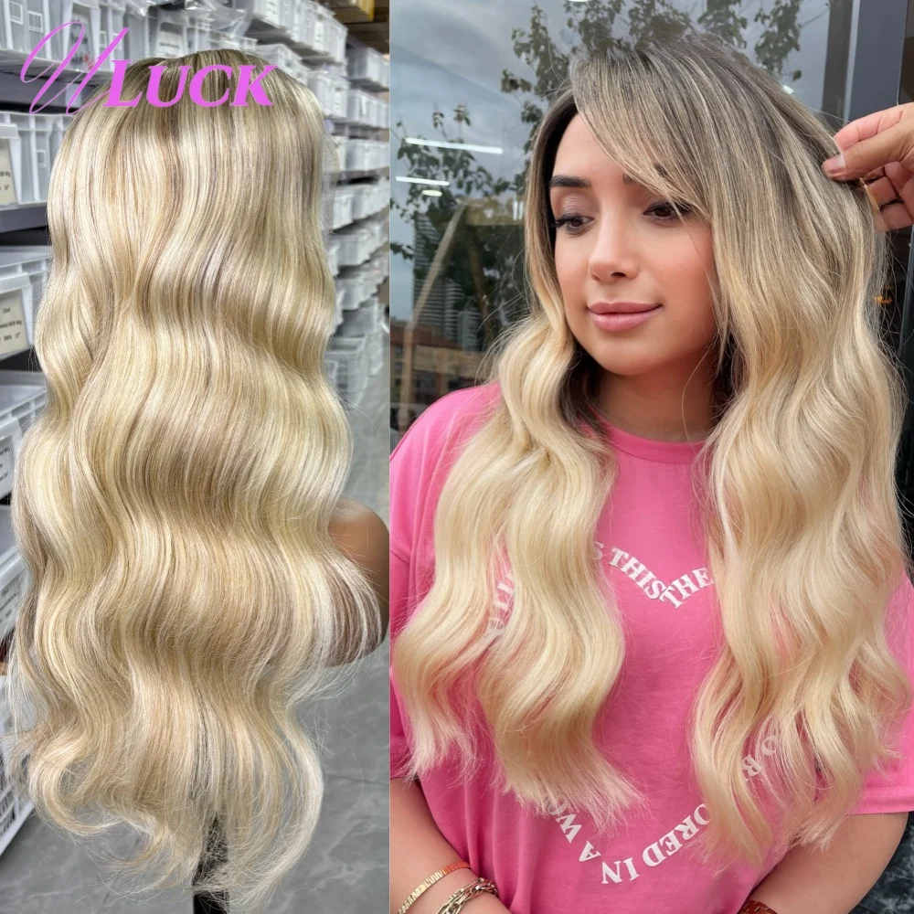 

Uluck Body Wave 13x6 Lace Frontal Wigs Ash Blonde Ombre Creamy Color Brazilian Remy Human Hair Wigs Pre Plucked For White Women