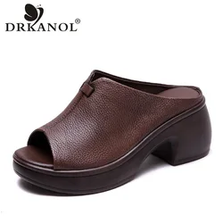 DRKANOL Fashion Women Genuine Leather Slippers Summer Open Toe Platform Casual Slides Shoes Thick High Heel Slip On Slippers