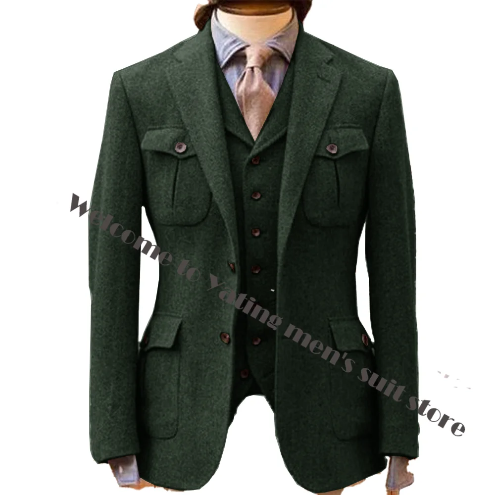 Terno masculino com padrão de espinha de peixe, calças de 3 peças, colete, jaqueta, blazer formal de negócios, roupa masculina bonita