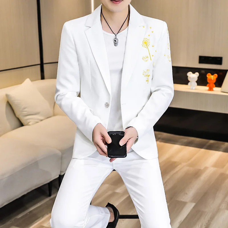 

2023 New Men's Embroidery Suit Youth Slim Korean Style Casual Handsome Suit Two Pieces