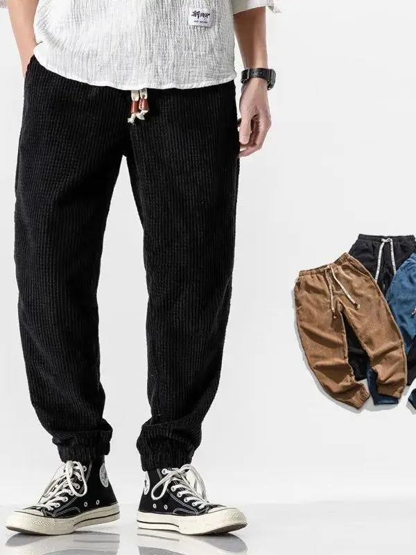 

Loose Fit Corduroy Dstring Trousers Pure Color Casual Pants European Sle Polyester Fiber Autumn Winter Sportswear