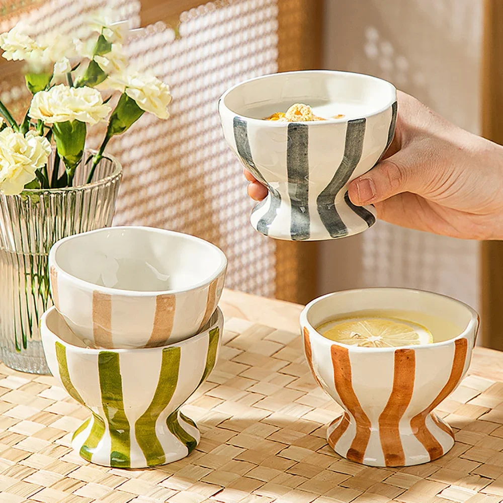 Vintage High Legged Irregular Porcelain Bowl Contrast Striped Ceramic Household Food Container Oats Yogurt Dessert Bowls