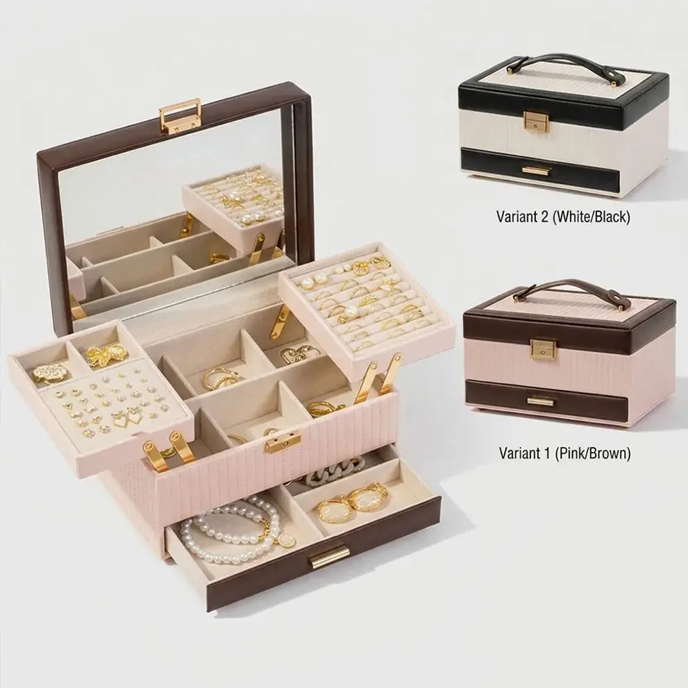 

Large Multi-Layer Jewelry Box With Mirror Portable Handle Home Jewelry Storage Organizer For Necklaces Rings Earrings Bracelets