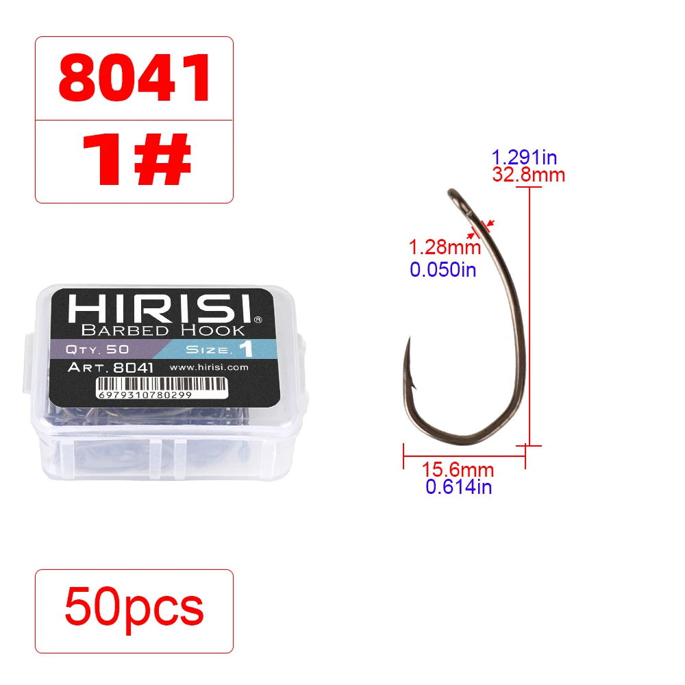 Hirisi 8041 50 Stück PTFE-beschichtete Angelhaken aus Hochkarbon-Edelstahl Rostfrei Scharfe Spitze mit Widerhaken und Öse für Angelzubehör
