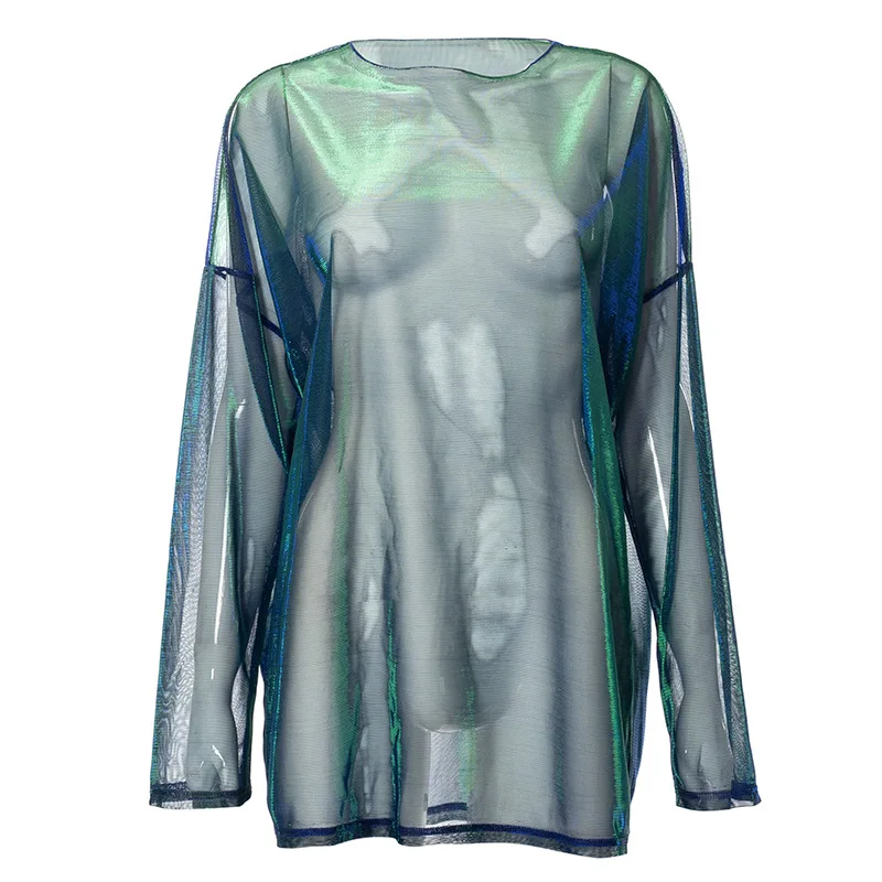 Solid See Through Tshirt Women Sexy Tops O-Neck Long Sleeve T Shirt For Women Clothing Club Y2k Aesthetic Egirl Tees