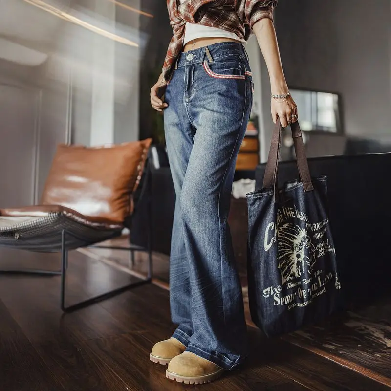 Maden Y2K بنطال جينز متوهج عالي الخصر مع سحاب YKK عتيق بأرجل واسعة بنطلون نسائي غير رسمي ملابس الشارع لخريف وشتاء