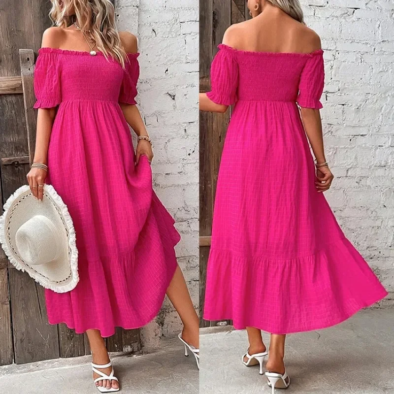 2024 New Women's Dress Knitted Elastic Short Sleeve Bare Shoulder Long Skirt Elegant Summer Sexy Slash Neck Party Slim Dresses