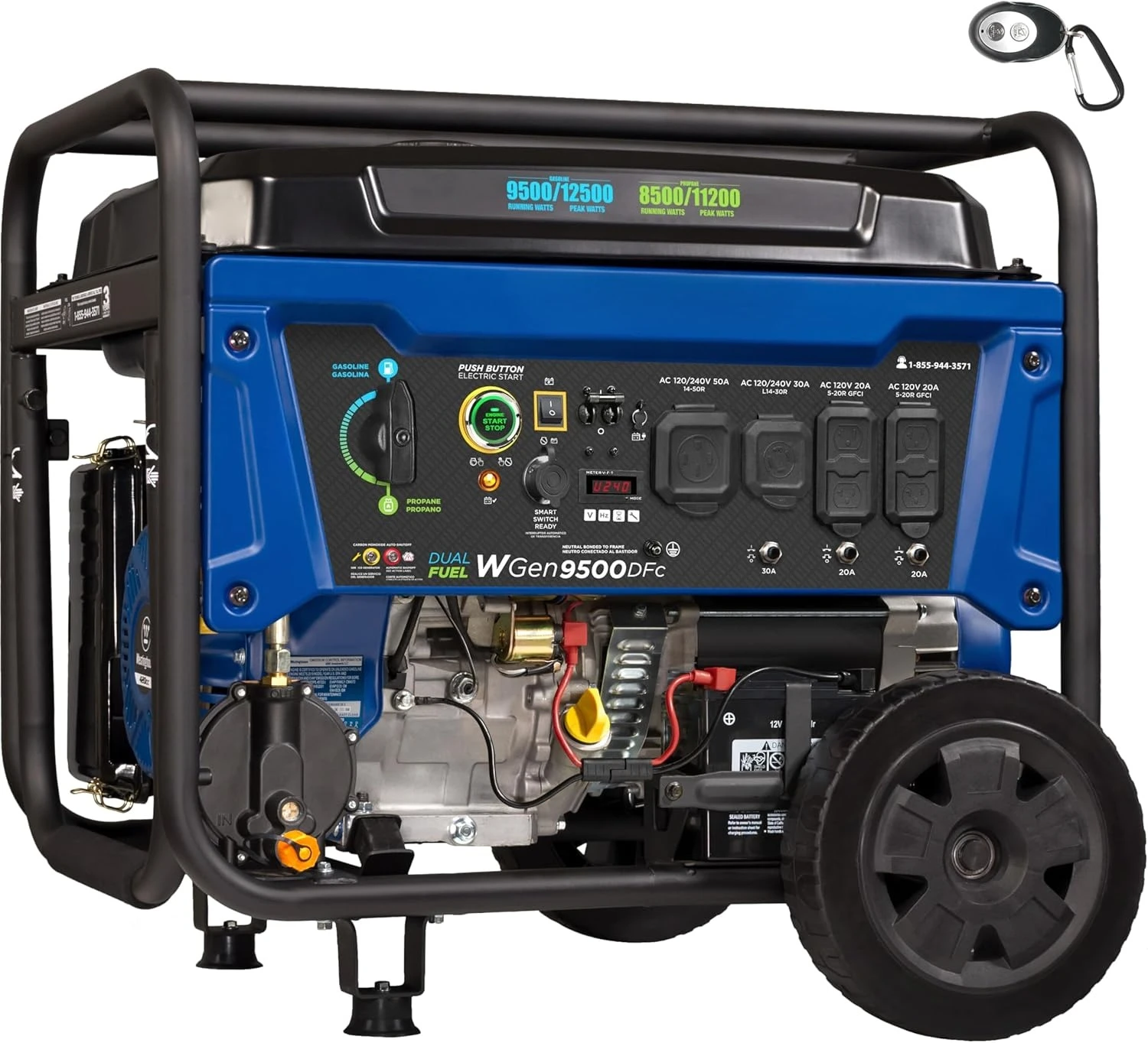 

12500 Peak Watt Dual Fuel Home Backup Portable Generator, Remote Electric Start, Transfer Switch Ready, Gas and Propane Powered